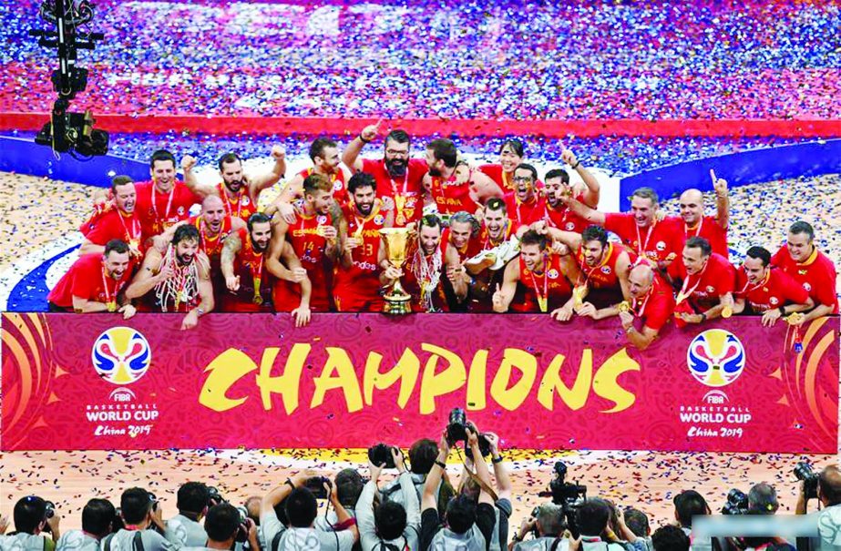 Team Spain celebrate during the awarding ceremony after the final match between Spain and Argentina at the 2019 FIBA World Cup in Beijing, capital of China on Sunday.