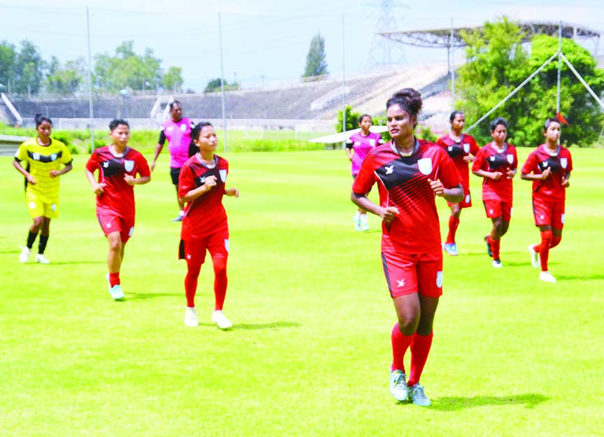 Members of Bangladesh Under-16 Women's Football team during their practice session at Chonburi in Thailand on Tuesday.