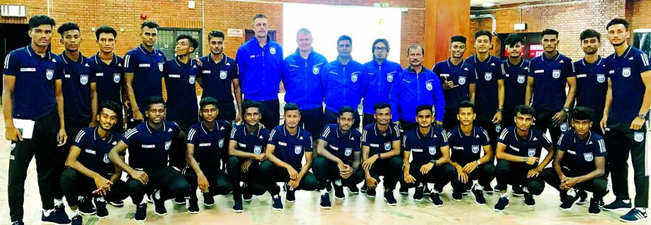 Members of Bangladesh Under-18 Football team pose for a photo session at Kathmandu, the capital city of Nepal on Wednesday.