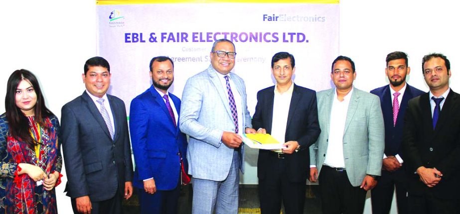M. Khorshed Anowar, Head of Retail and SME Banking of Eastern Bank Limited (EBL) and J.M Taslim Kabir, Head of Marketing of Fair Electronics Limited, (authorized distributor and manufacturer of SAMSUNG products in Bangladesh) exchanging an agreement signi