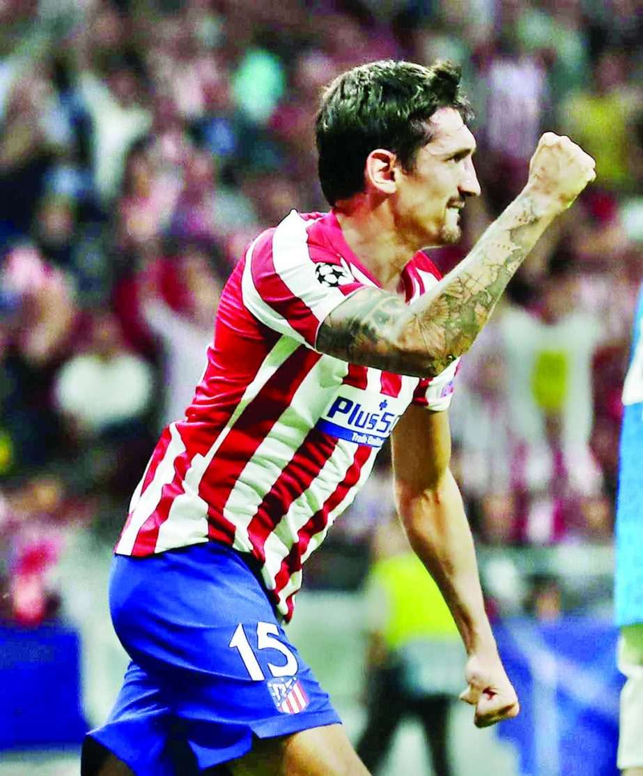 Atletico Madrid's Stefan Savic celebrates scoring his side's first goal during the Champions League Group D soccer match between Atletico Madrid and Juventus at Wanda Metropolitano stadium in Madrid, Spain on Wednesday.