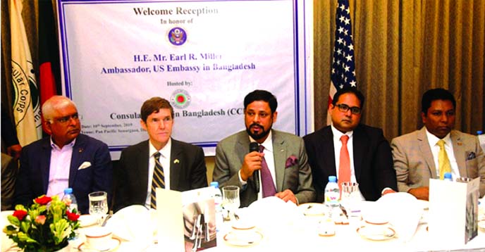 K M Mozibul Hoque (center), President of Consular Corps in Bangladesh (CCB), addressing at welcome lunch in honor of Earl R. Miller (second from left), ambassador of the United States of America in Dhaka hosted by CCB at a hotel in the city recently. Sham