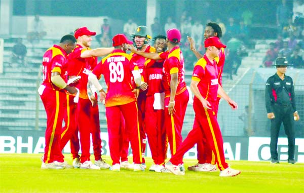 Players of Zimbabwe, celebrating after dismissal of Hazratullah Zazai during the fifth Twenty20 International Cricket match of the OBHAI Tri-nation T20 series between Zimbabwe and Afghanistan at the Zahur Ahmed Chowdhury Stadium in Chattogram on Friday. A