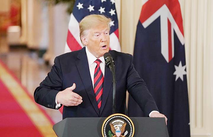 US President Donald Trump speaks during a press conference with Australian Prime Minister Scott Morrison in the East Room of the White House in Washington on Friday.