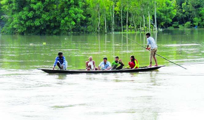 LALMONIRHAT: Low-lying and char areas in Lalmonirhat still under flood water though water level of Teesta River has been receded . This snap was taken on Friday.