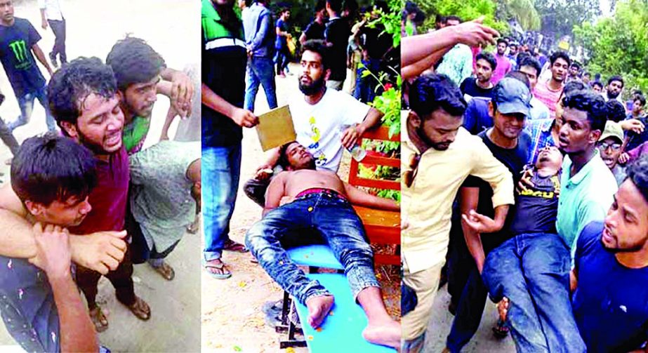 Students are being rescued by their fellows after an attack carried out by outsiders at the Bangabandhu Sheikh Mujibur Rahman Science and Technology University (BSMRSTU) on Saturday.
