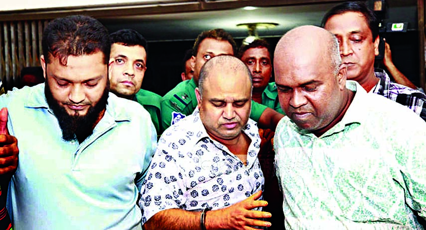 SM Golam Kibria Shamim (left) who was arrested following a raid at his business office on Friday was handed over to Gulshan Police Station (right) his seven bodyguards also being taken to police station on Saturday.