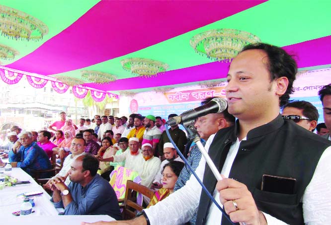 GAZIPUR: Deputy Minister for Education Mohibul Hasan Chowdhury Nowfel speaking at the freshers' reception of Chandana High School and College at Gazipur as Chief Guest yesterday.