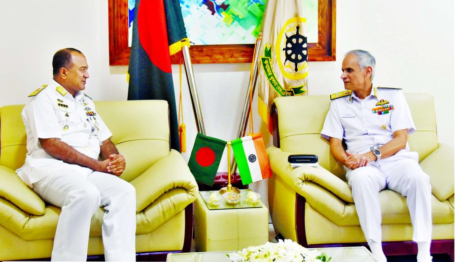 Visiting Chief of Naval Staff of India Admiral Karambir Singh paid a courtesy call on Commander of Khulna Naval Area Rear Admiral M Musa at the Naval Ship Titumir in Khulna on Monday. ISPR photo