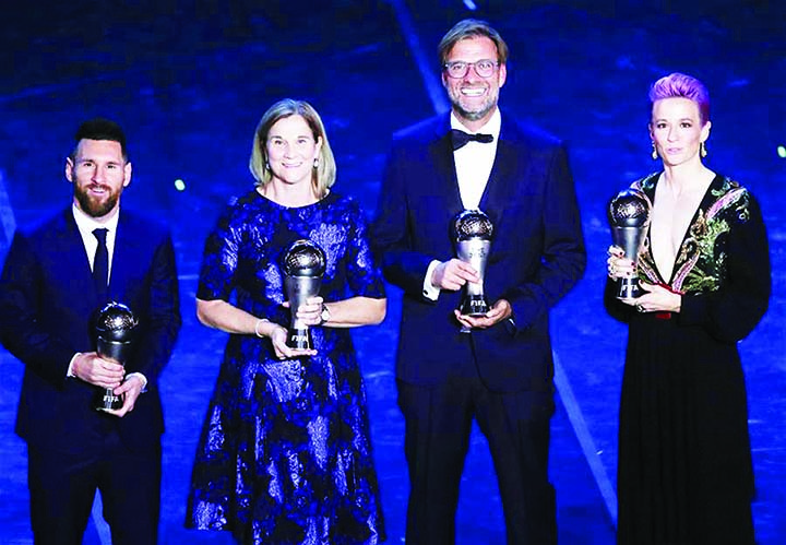 Best FIFA Men's Player of 2019, Argentina and Barcelona forward Lionel Messi, Best FIFA Women's Coach of 2019, USA head coach Jill Ellis, Best FIFA Men's Coach of 2019, Liverpool coach, Germany's Juergen Klopp and Best FIFA Women's Player of 2019,