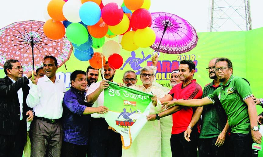 Minister for Planning MA Mannan inaugurating the Faraz Gold Cup Football by releasing the balloons as the chief guest at the Bangabandhu National Stadium on Tuesday.