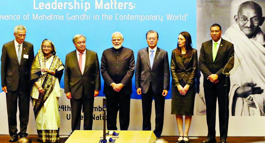 Prime Minister Sheikh Hasina poses for a photo session with the world leaders at a discussion titled 'Leadership Matters: Relevance of Mahatma Gandhi in the Contemporary World' at the UN Headquarters in New York on Tuesday afternoon (local time) PMO pho