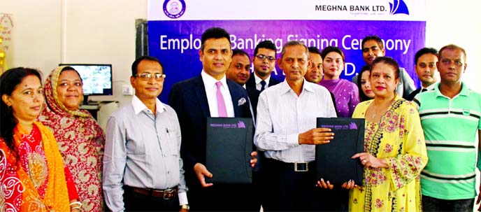Kazi Farhana Zabin, Head of Liability & Wealth Management Division of Meghna Bank Limited and Md. Rezaul Karim, Head Master of Progati High School on behalf of their respective institutions at the school premises in the city recently. Under the deal, empl