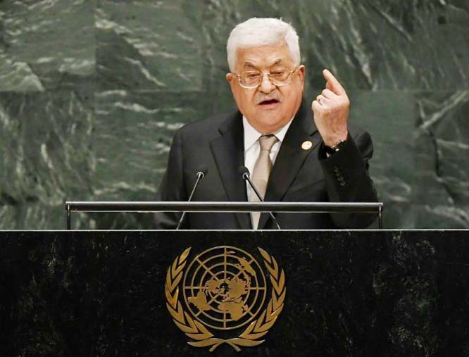 Palestinian Authority President Mahmoud Abbas speaks at the 74th Session of the General Assembly at UN Headquarters in New York on Thursday.