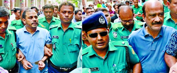 Jubo League Dhaka South Organising Secretary Khaled Mahmud Bhuiyan (left) and Mohammedan Sporting Club director M Lokman Hossain Bhuiyan (right) being taken to Dhaka court by the police on Friday. Khaled placed on 10-day remand again and Lokman on 2-day.