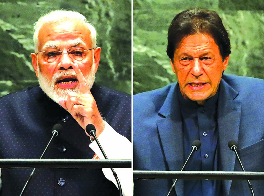In this combination photo, India's Prime Minister Narendra Modi, left, and Pakistan's Prime Minister Imran Khan address the 74th session of the United Nations General Assembly on Friday.