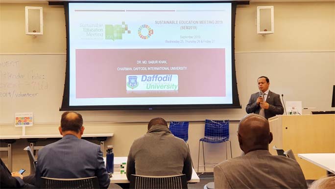Dr Md. Sabur Khan, Founder and Chairman of Daffodil International University presents keynote speech at Sustainable Education Meeting 2019 at New York recently.