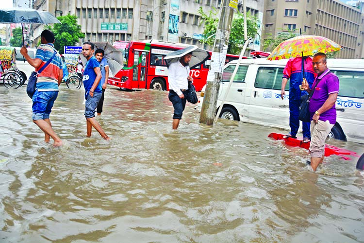 A large part of Motijheel commercial area in capital seen submerged after heavy downpour on Sunday.