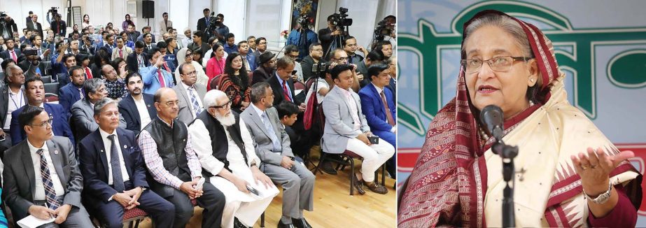 Prime Minister Sheikh Hasina speaking at a prÃ¨ss conference on the occasion of the 74th session of UNGA in the auditorium of Bangladesh United Nation Mission in New York on Sunday. PMO photo