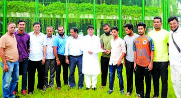 Chairman of Orient Sporting Club and Ward Councilor of 26 No. Hasibur Rahman Manik receiving the players' list of Orient Sporting Club for First Division Cricket League, at the club's ground in the city's Lalbagh on Tuesday.