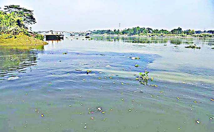 The water of Khondokia Khal in Hathazari in Chattogram has turned pitch-black due to unabated dumping of waste from nearby industrial units. The canal flows into the Halda River. The photo taken recently.