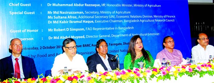 Agriculture Minister Dr Abdur Razzaque addressing a workshop arranged by Bangladesh Agricultural Research Council at Farmgate in the city on Wednesday.