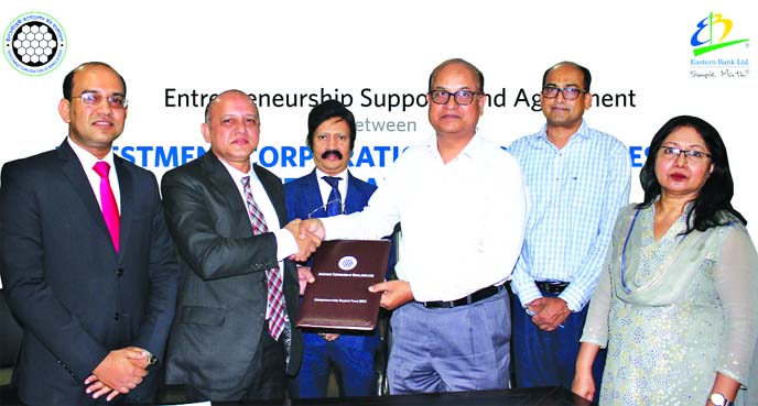 Md. Refat Hasan, General Manager of Investment Corporation of Bangladesh (ICB) and Ahmed Shaheen, DMD of Eastern Bank Limited (EBL), exchanging documents after signing a deal on Entrepreneurship Support Fund (ESF) agreement document at the bank's head of