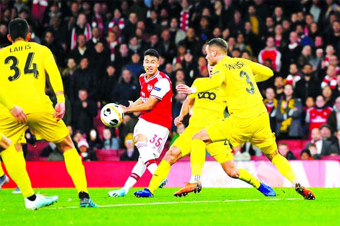 Arsenal's Gabriel Martinelli scores their second goal against Standard Liege in their Group-F match of the UEFA Europa League Soccer at London on Thursday.