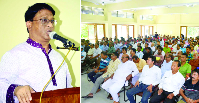 DINAJPUR: Whip of Jatiya Sangsad Iqubalur Rahim MP speaking at a view exchange meeting with leaders of Puja Udjapon Committee as Chief Guest at Sadar Upazila Parishad Auditorium on Friday.
