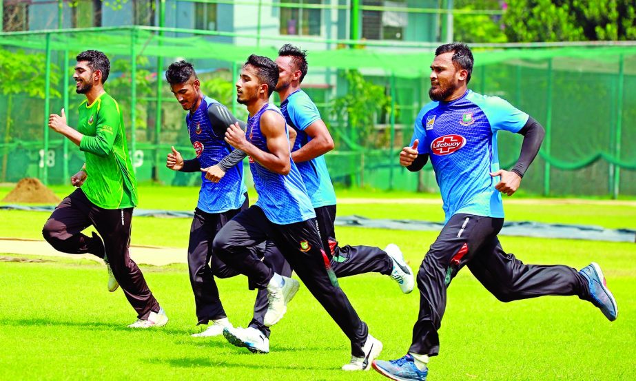 Members of Bangladesh Cricket team during their practice session at the BCB-NCA Ground in the city's Mirpur on Saturday.