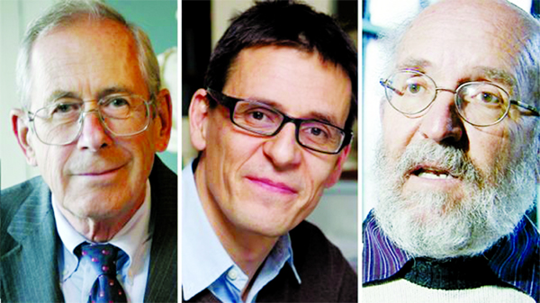 James Peebles (L), Didier Queloz Â© and Michel Mayor Â® share the nine million kronor prize.