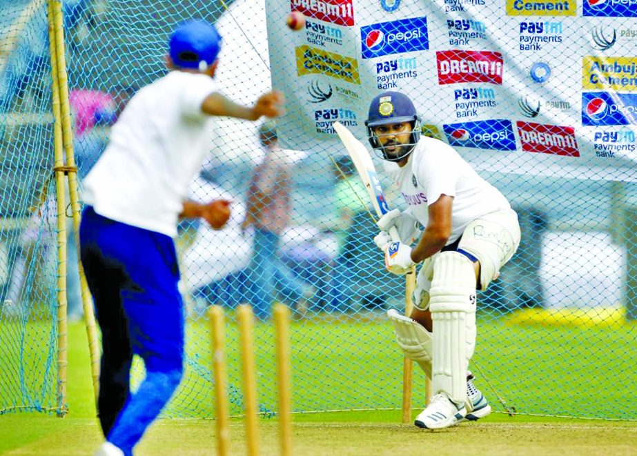 India's Rohit Sharma in action during a practice session ahead of the 2nd Test match against South Africa, at Maharashtra Cricket Association Stadium in Pune on Wednesday.