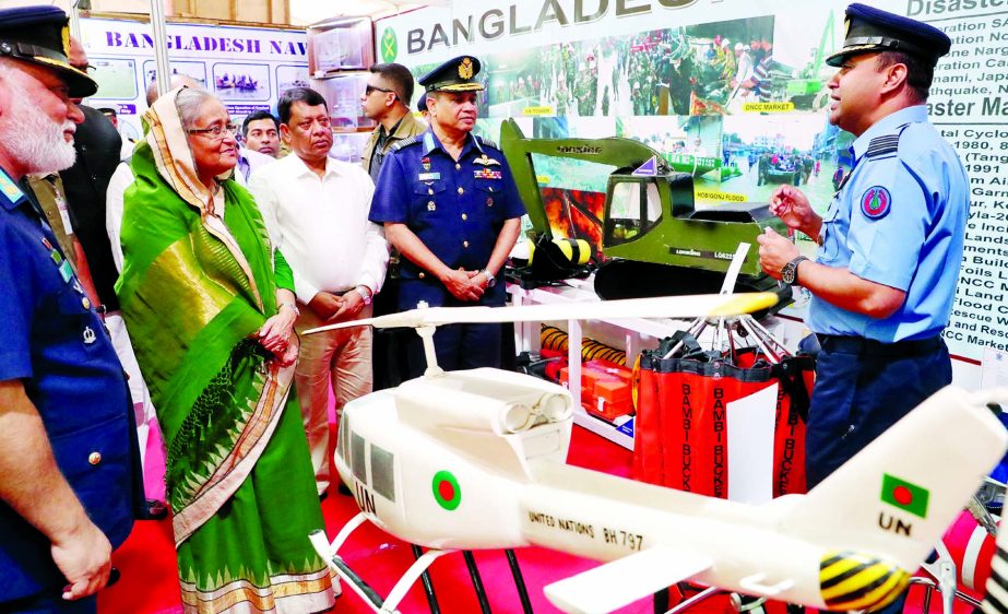 Prime Minister Sheikh Hasina yesterday visited different stalls at Bangabandhu International Conference Center in the city on the occasion of International Day for Disaster Reduction. BSS photo