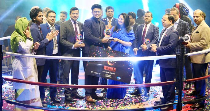 Rakibur Rahman and Shariar Al Mamun, founder and co-founder respectively of 'Eshara' who won the championship of National Final of Get in the Ring-2019 Bangladesh hosted by Daffodil International University receiving awards from the Jury at an event hel