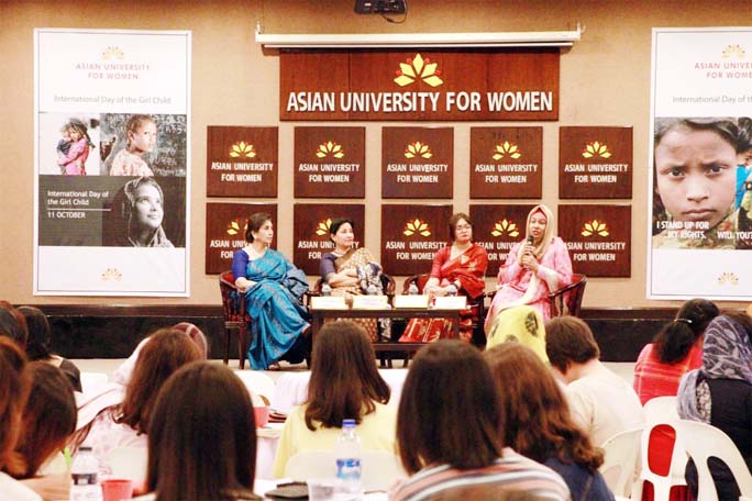 MP Waseqa Ayesha Khan speaks about empowering girls with confidence during a panel discussion with Rehana Alam Khan, Parveen Mahmud and Sharin Shajahan Naomi at the International Day of the Girl Child celebration held at Asian University for Women on Satu