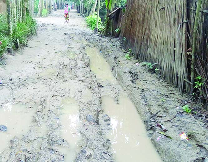 MADHUKHALI (Faridpur): Two -kilometer dilapidated road from Mirdha Bazar to Chaita Bhimnagar in Meghchami Union needs immediate repair. This snap was taken yesterday.