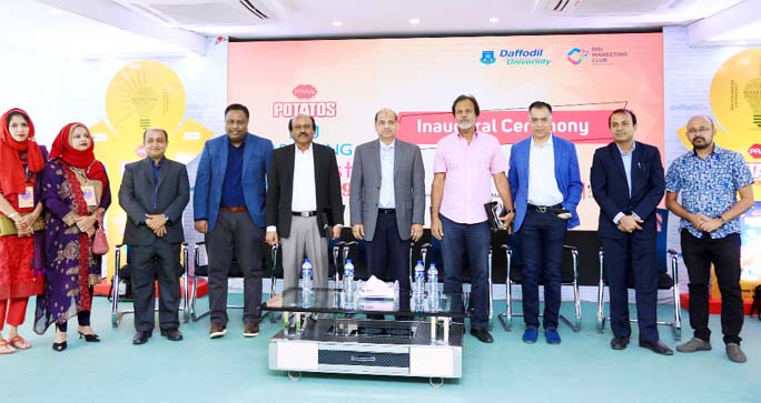 Prof Dr Yousuf Mahbubul Islam, Vice-Chancellor of Daffodil International University along with country's renowned actor and director Tarik Anam Khan, KM Ali, Group CEO of Rupayan Group and Aman Ashraf Faiz, Managing Director of GTV is seen at the openin