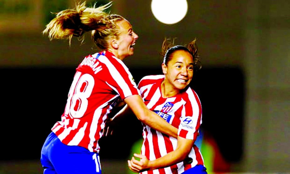 Atletico Madrid's Charlyn Corral celebrates equalising against Manchester City with the former City player Toni Duggan in the UEFA Women's Champions League on Wednesday. Reuters photo