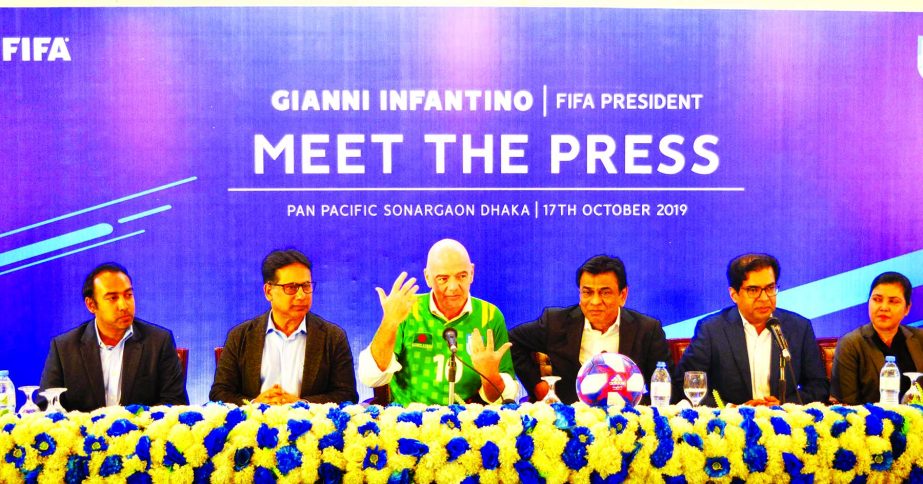 President of FIFA Gianni Infantino speaking at a press conference at the Pan Pacific Sonargaon Hotel in the city on Thursday.