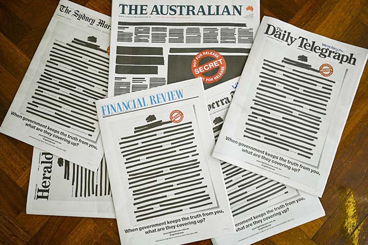 Front pages of major Australian newspapers show a 'Your right to know" campaign, in Canberra, Australia, on Monday.