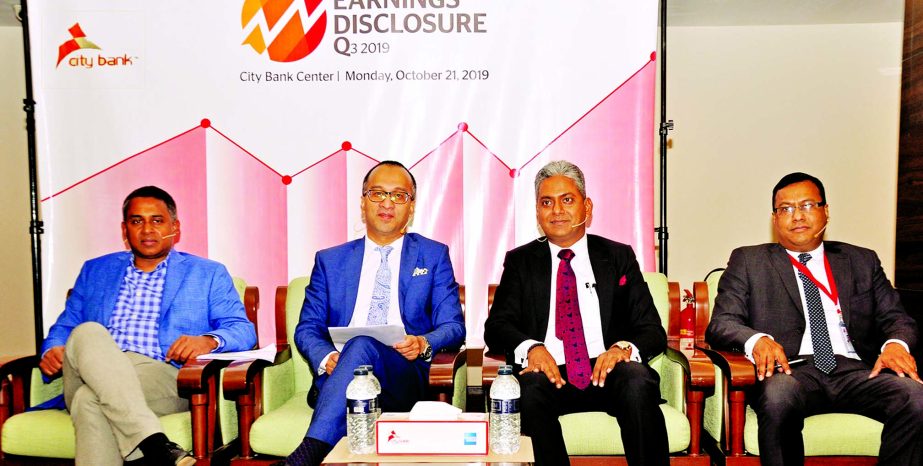 Mashrur Arefin, CEO along with Md. Mahbubur Rahman, DMD & Chief Financial Officer and other high officials of City Bank Limited, attended its 3rd Quarter 2019 financial performances through an 'Earnings Disclosure' at the banks head office in the city o