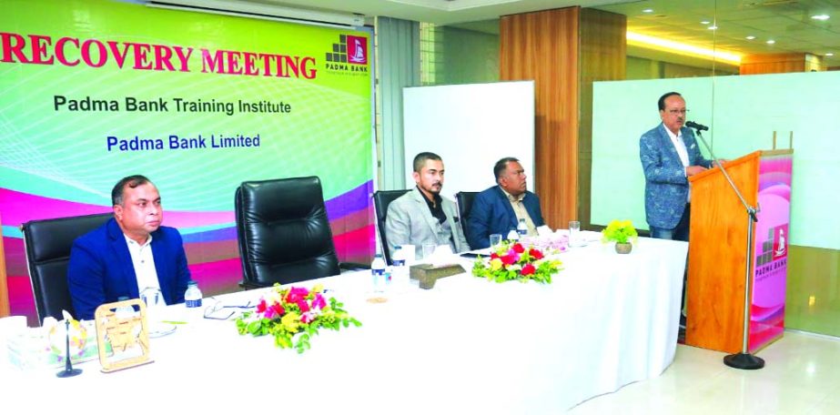 Md. Ehsan Khasru, CEO of Padma Bank Limited, speaking at a day-long meeting to expedite its loan recovery held at the bank's Mirpur Training Institute on Tuesday. Muhammad Ali Zaryab, Md. Shahadat Hossain, DMDs, Sabirul Islam Choudhury, Head of Recovery