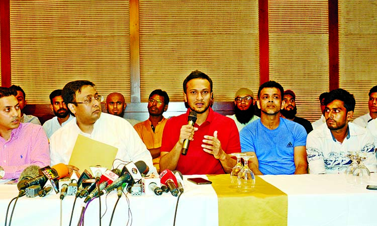 Captain of Bangladesh National Cricket team Shakib Al Hasan replying to questions from the journalists after their lawyer Barrister Mostafizur Rahman spoke at a press conference in a city hotel on Wednesday.