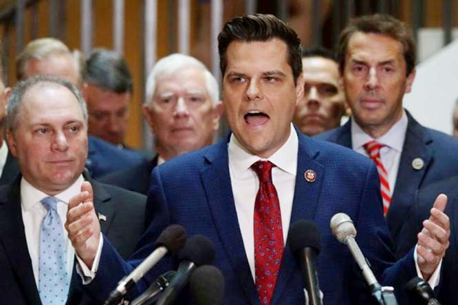 US Representative Matt Gaetz led two dozen fellow Republicans into a secure meeting area where the latest witness in the Donald Trump impeachment investigation was to be deposed by lawmakers, a move that violated US House rules.