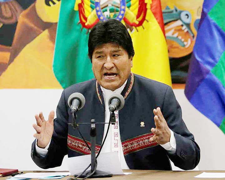 Bolivia's President Evo Morales speaks during a news conference at the presidential palace La Casa Grande del Pueblo in La Paz, Bolivia on Thursday.