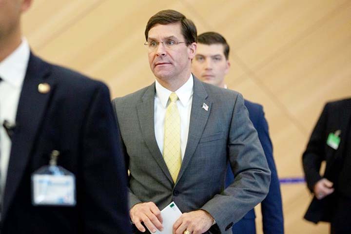 US Defense Secretary Mark Esper arrives for a meeting with his Turkish counterpart on the sidelines of a NATO meeting in Brussels.