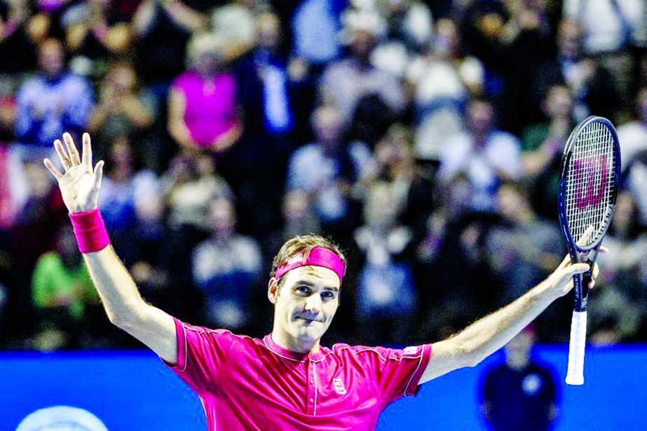 Roger Federer of Switzerland reacts after winning the semifinal match against Stefanos Tsitsipas of Greece at the Swiss Indoors tennis tournament at the St. Jakobshalle in Basel, Switzerland on Saturday.