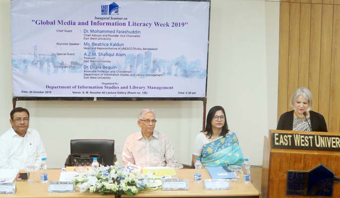 Beatrice Kaldun, Head of Dhaka Office of the UNESCO speaks at a seminar organized by East West University marking the Global Media and Information Literacy Week held at the University campus on Thursday.