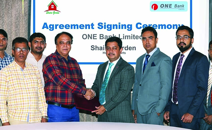 Md. Kamruzzaman, Head of Retail Banking of ONE Bank Limited and Md. Faruk Alam, Managing Director of Shaira Garden Hotel & Resorts Limited, exchanging document after signing an agreement at the bank's head office in the city recently. Under the deal, the