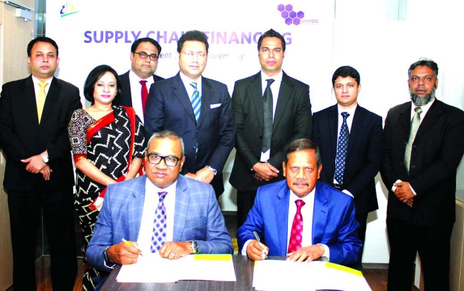 M. Khorshed Anowar, Head of Retail and SME Banking of Eastern Bank Limited (EBL) and Brig. Gen. Shafiquzzaman (Retd.), Managing Director of NAMSS Motors Limited (dealer of PIAGGIO in Bangladesh), signing an agreement on Supply Chain Financing at the bank
